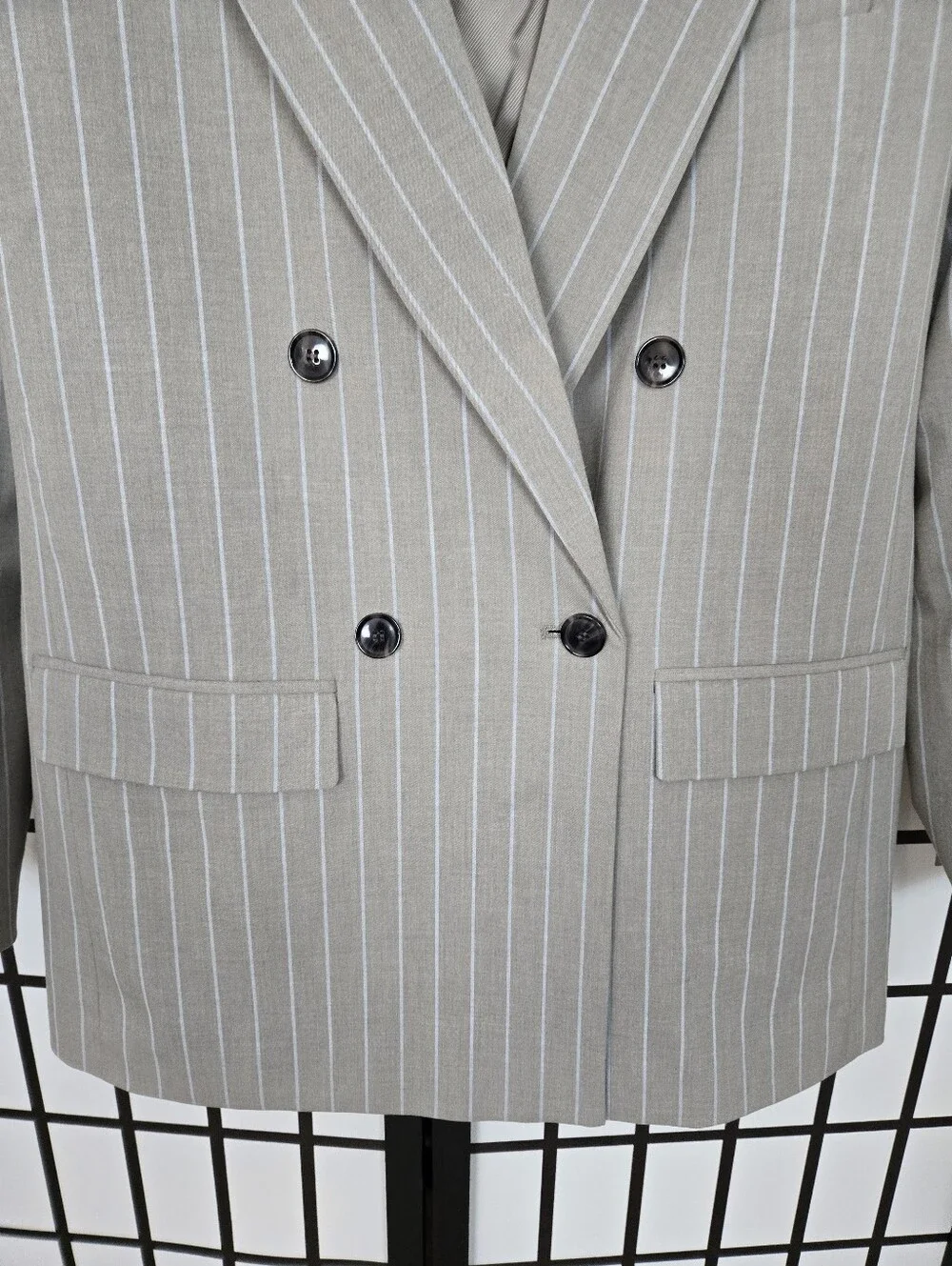 Loft Versa Womens Light Gray Pinstripe Double-Breasted Blazer